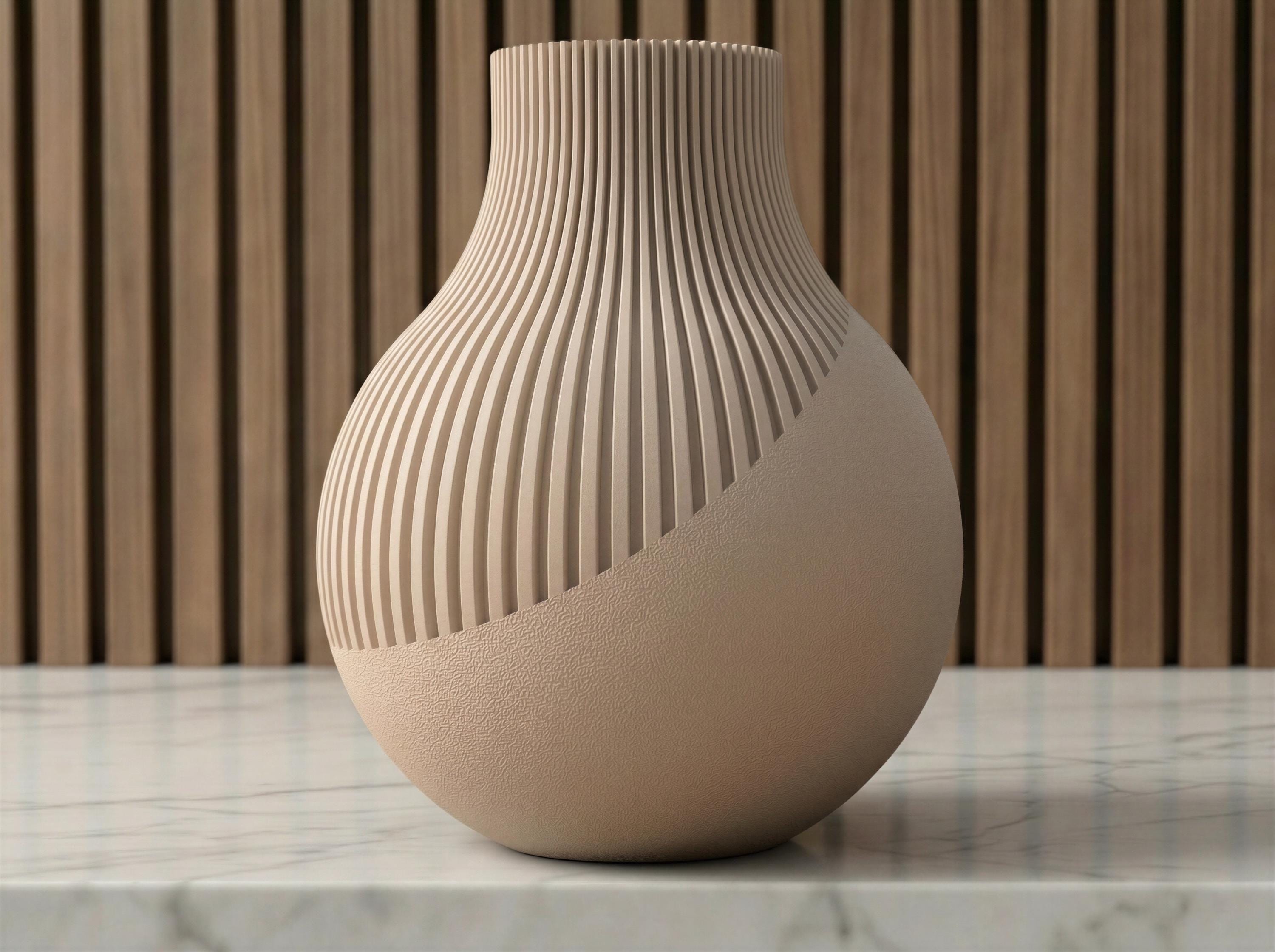 Ribbed Japandi Vase – Two Tone Sculptural Decor – Modern Neutral Shelf & Table Accent